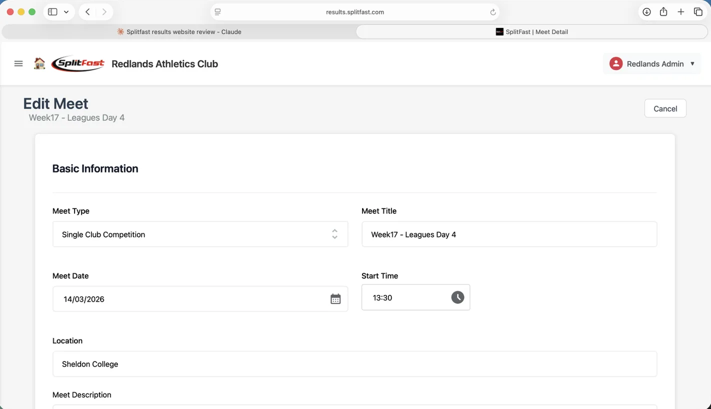 SplitFast Results Portal Edit Meet form